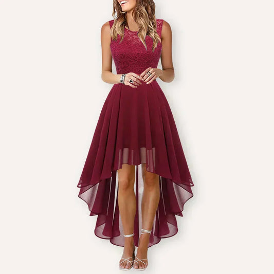 Elegant Lace Chiffon High Low Dress for Women with Round Neck Sleeveless Fit and Flare Cocktail Style
