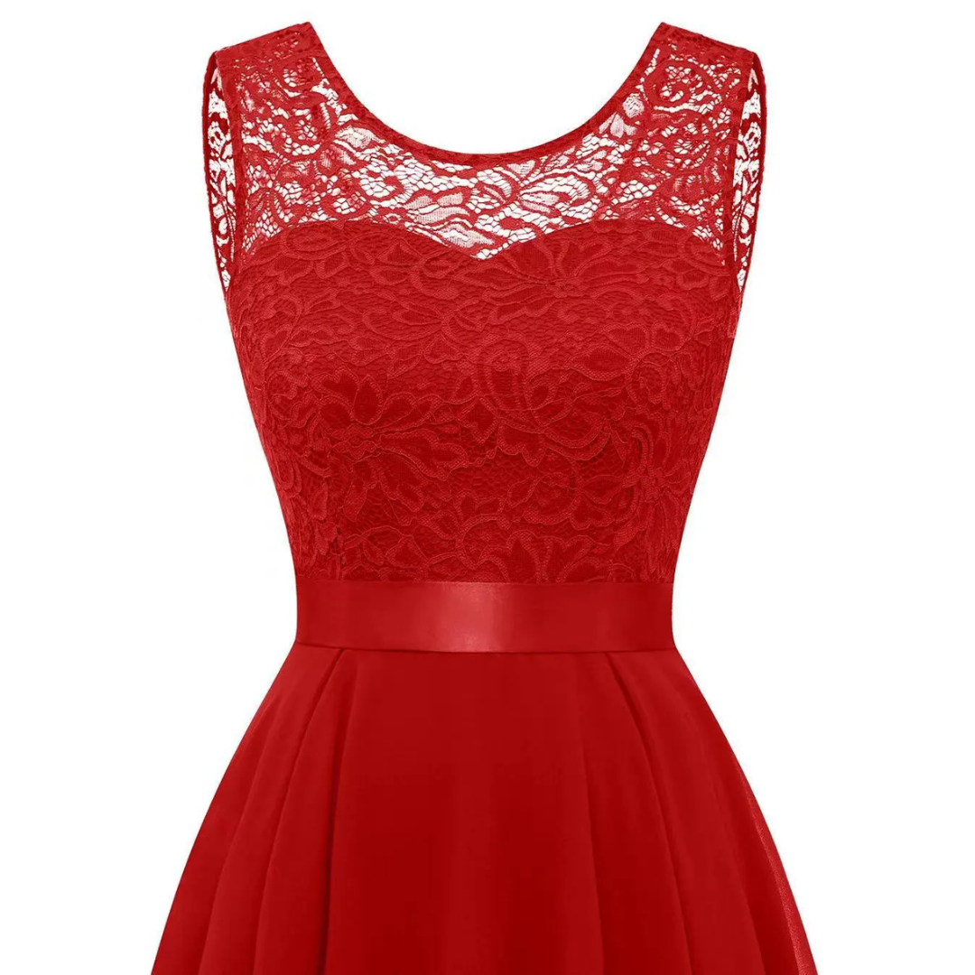 Elegant Lace Chiffon High Low Dress for Women with Round Neck Sleeveless Fit and Flare Cocktail Style