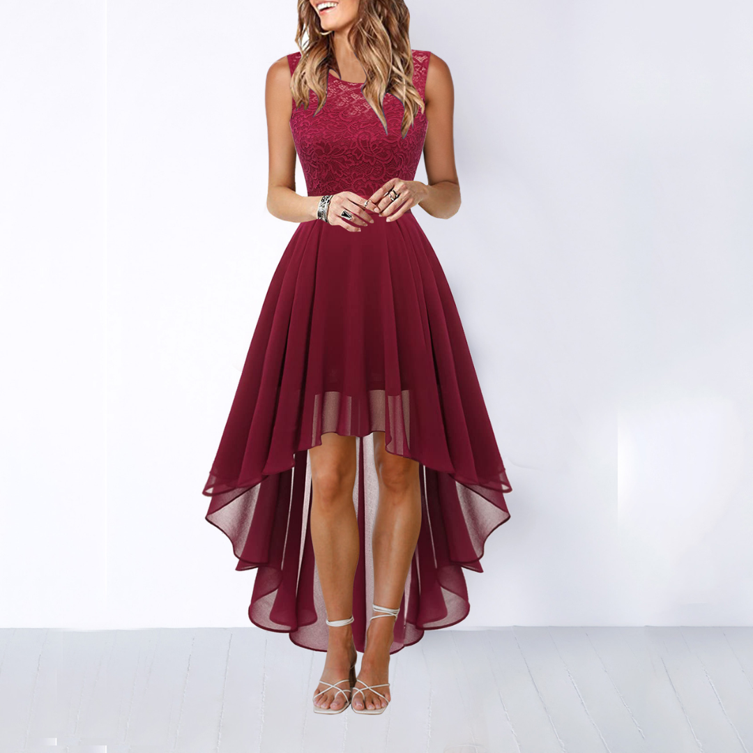 Elegant Lace Chiffon High Low Dress for Women with Round Neck Sleeveless Fit and Flare Cocktail Style