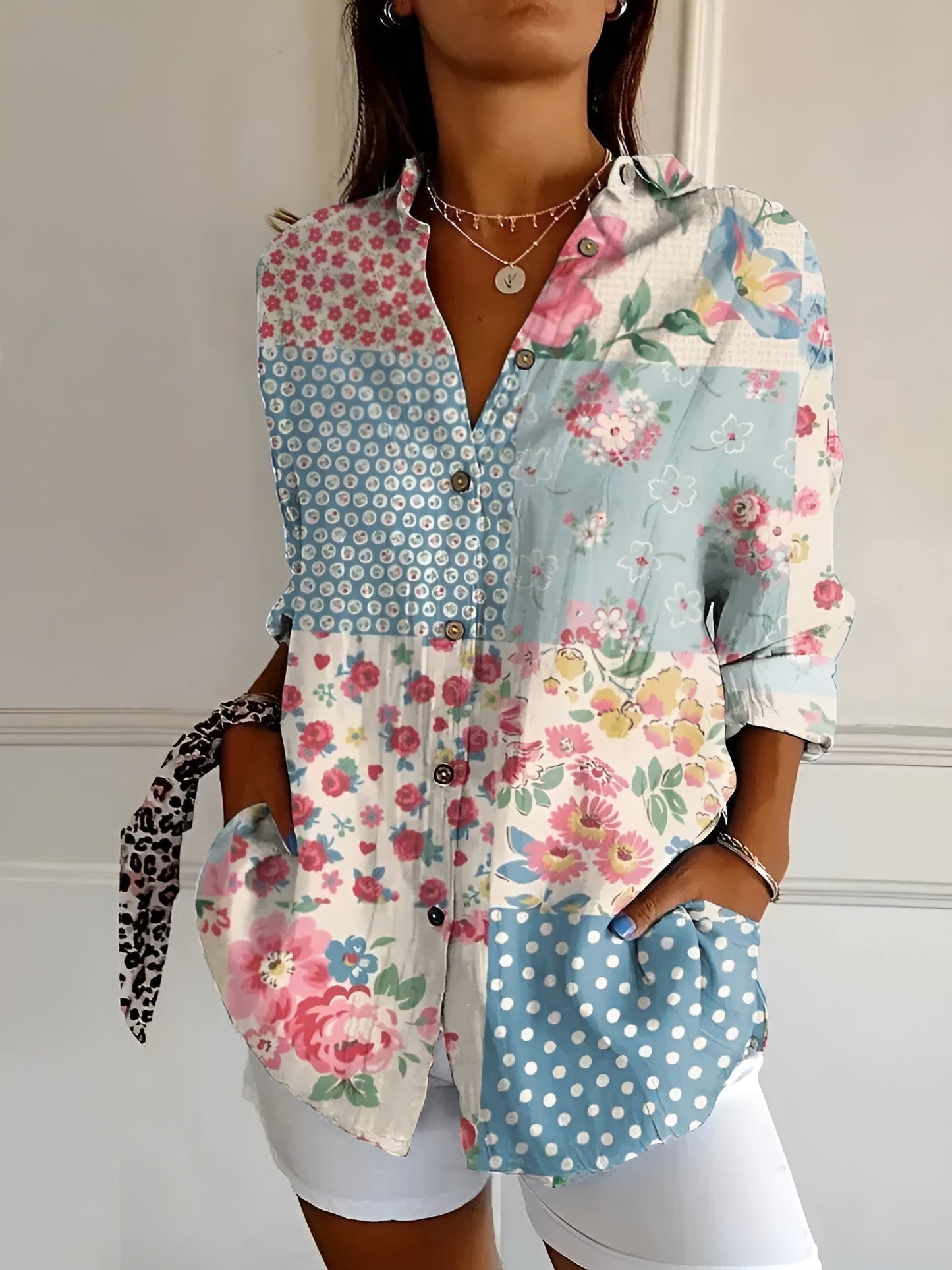 Effortless Floral Blouse for Women with Split Neck Long Sleeve Relaxed Oversized Style