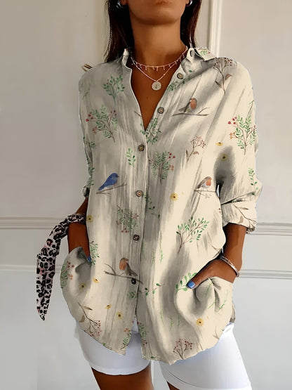 Effortless Floral Blouse for Women with Split Neck Long Sleeve Relaxed Oversized Style