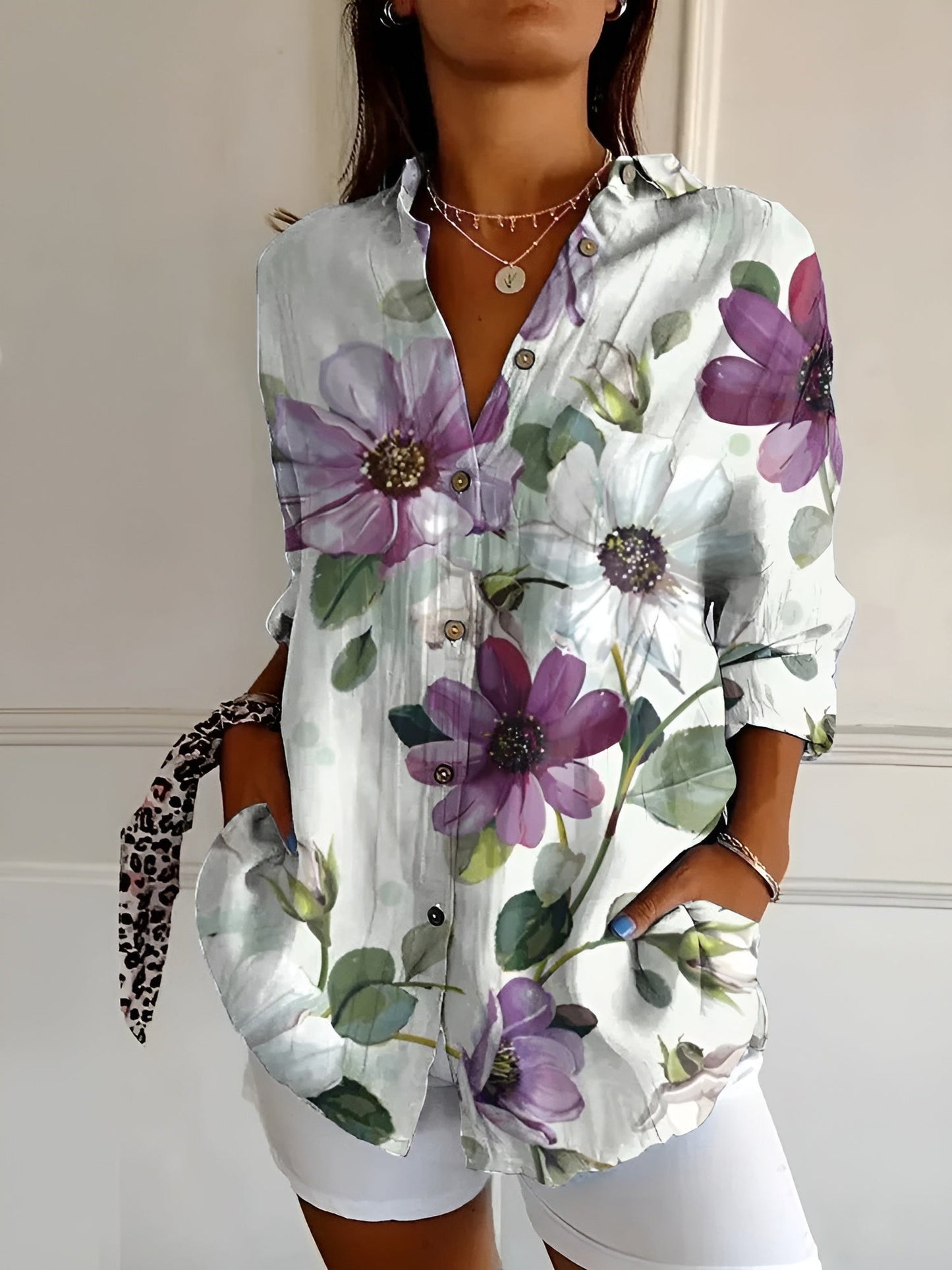 Effortless Floral Blouse for Women with Split Neck Long Sleeve Relaxed Oversized Style