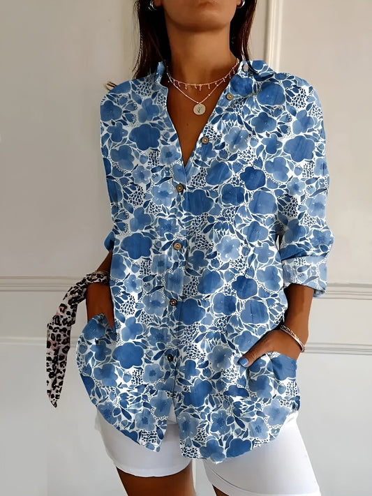 Effortless Floral Blouse for Women with Split Neck Long Sleeve Relaxed Oversized Style