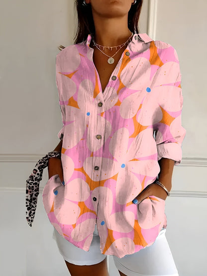 Effortless Floral Blouse for Women with Split Neck Long Sleeve Relaxed Oversized Style