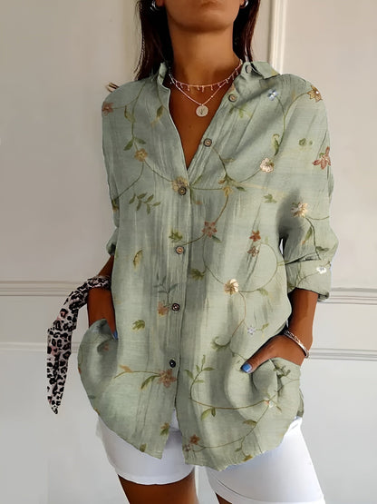 Effortless Floral Blouse for Women with Split Neck Long Sleeve Relaxed Oversized Style