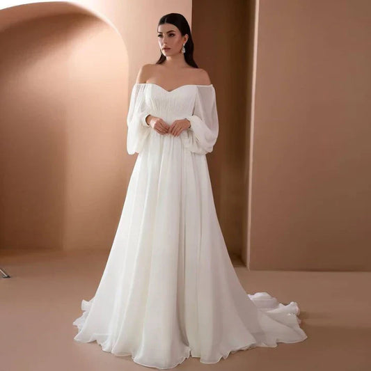 Elegant White Chiffon Wedding Dress for Women with Sweetheart Off Shoulder Bishop Sleeve A Line Flowing Style
