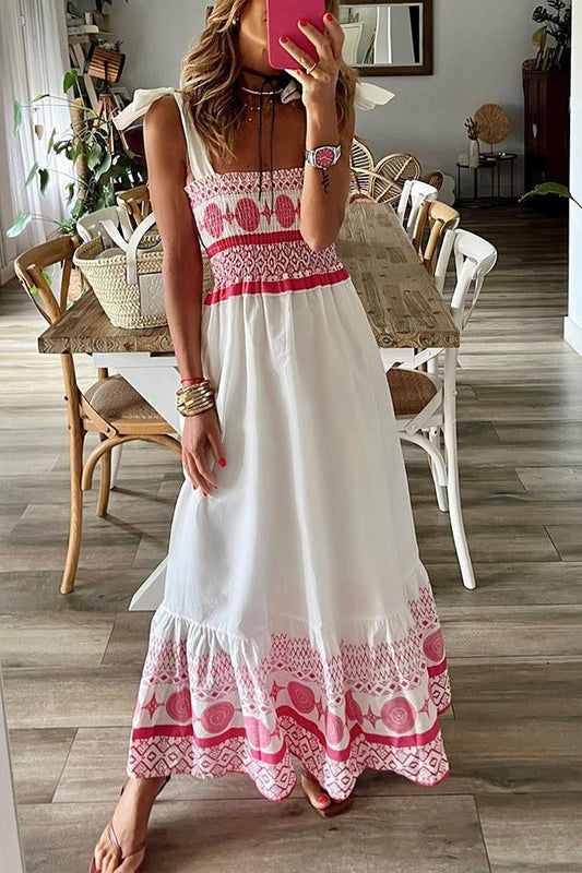 Effortless White Boho Maxi Dress for Women with Square Neck Tie Shoulder Smocked Flowing Style
