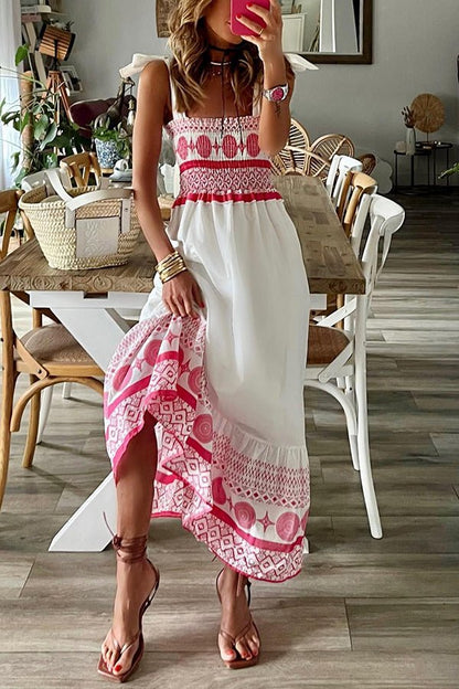 Effortless White Boho Maxi Dress for Women with Square Neck Tie Shoulder Smocked Flowing Style