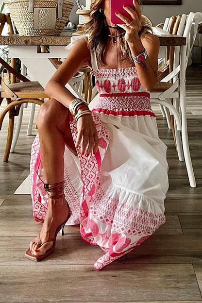 Effortless White Boho Maxi Dress for Women with Square Neck Tie Shoulder Smocked Flowing Style