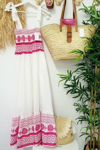Effortless White Boho Maxi Dress for Women with Square Neck Tie Shoulder Smocked Flowing Style