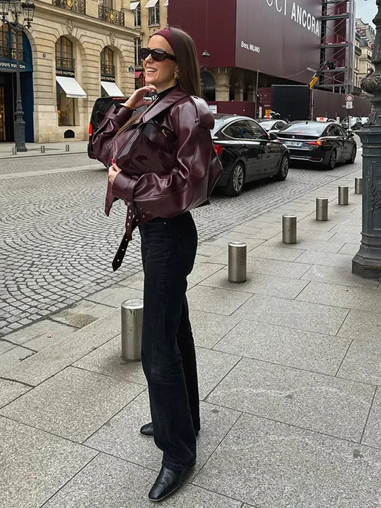 Elegant Burgundy Leather Jacket for Women with Notch Collar Long Sleeve Belted Cropped Casual Style