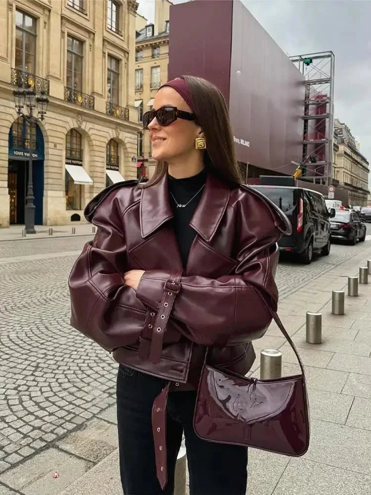 Elegant Burgundy Leather Jacket for Women with Notch Collar Long Sleeve Belted Cropped Casual Style