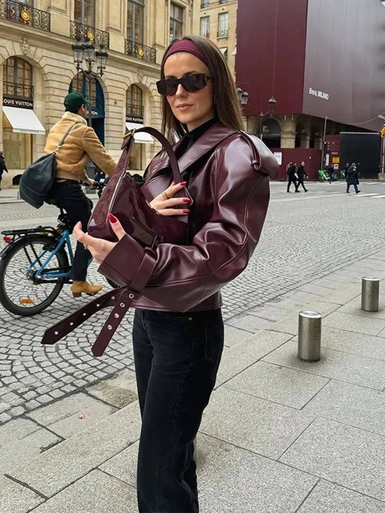 Elegant Burgundy Leather Jacket for Women with Notch Collar Long Sleeve Belted Cropped Casual Style