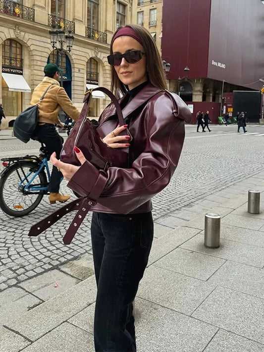 Elegant Burgundy Leather Jacket for Women with Notch Collar Long Sleeve Belted Cropped Casual Style