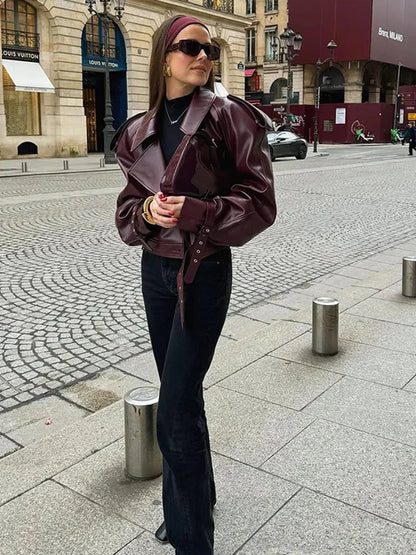 Elegant Burgundy Leather Jacket for Women with Notch Collar Long Sleeve Belted Cropped Casual Style
