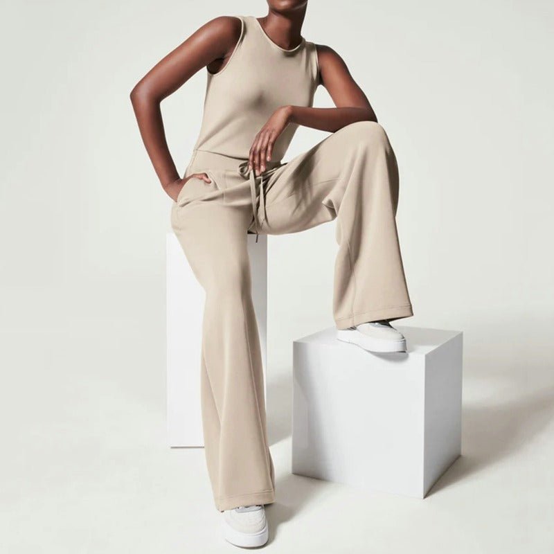 Effortless Ribbed Knit Wide Leg Set for Women with Round Neck Sleeveless Drawstring Two Piece Relaxed Style