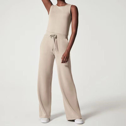 Effortless Ribbed Knit Wide Leg Set for Women with Round Neck Sleeveless Drawstring Two Piece Relaxed Style