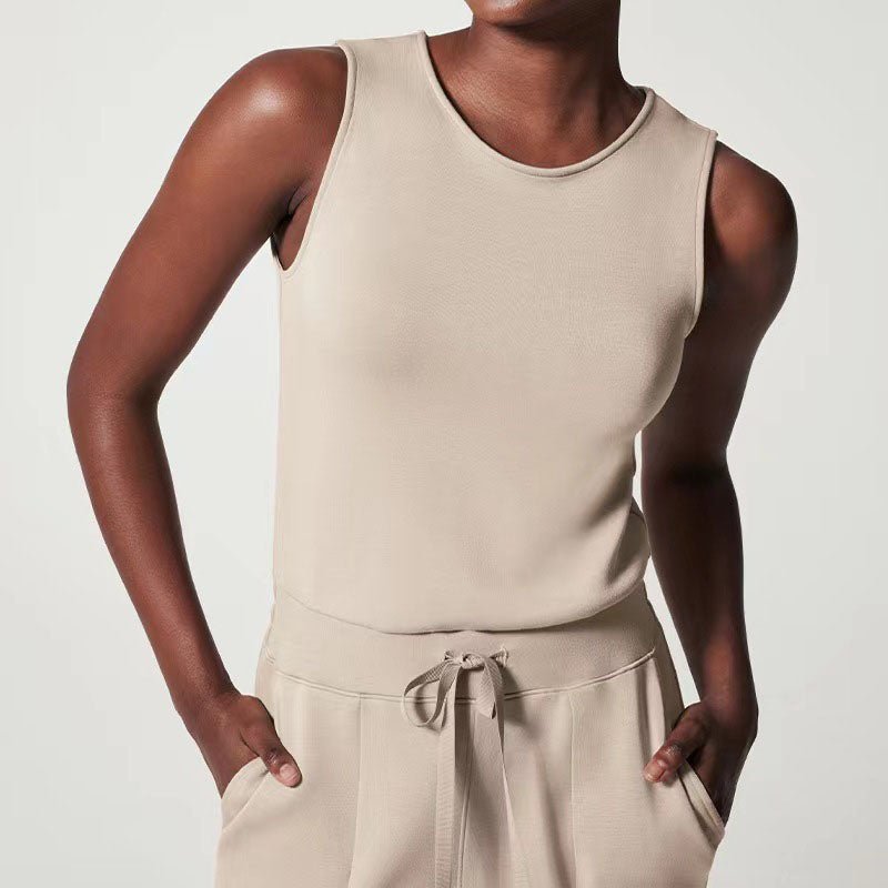 Effortless Ribbed Knit Wide Leg Set for Women with Round Neck Sleeveless Drawstring Two Piece Relaxed Style