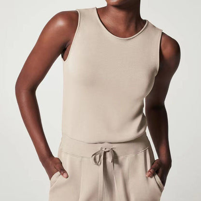 Effortless Ribbed Knit Wide Leg Set for Women with Round Neck Sleeveless Drawstring Two Piece Relaxed Style
