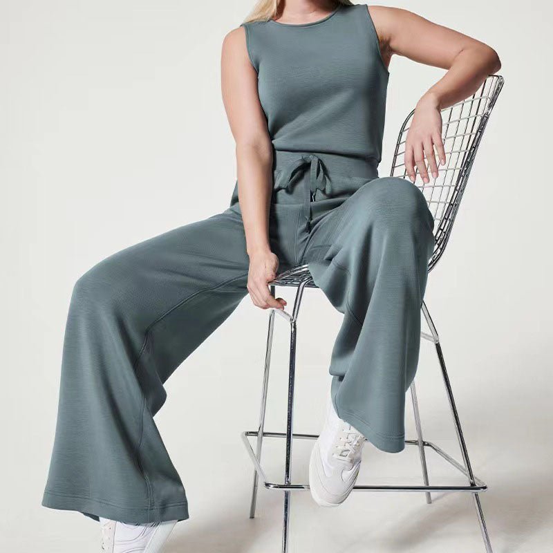 Effortless Ribbed Knit Wide Leg Set for Women with Round Neck Sleeveless Drawstring Two Piece Relaxed Style