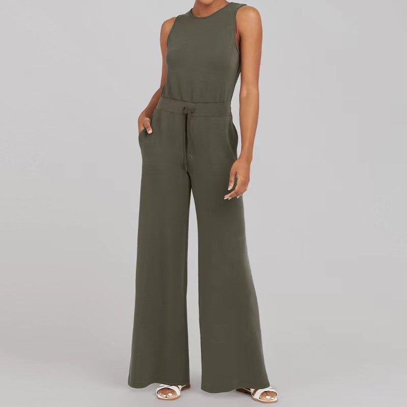 Effortless Ribbed Knit Wide Leg Set for Women with Round Neck Sleeveless Drawstring Two Piece Relaxed Style