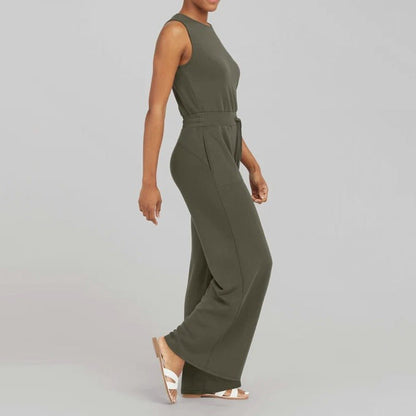 Effortless Ribbed Knit Wide Leg Set for Women with Round Neck Sleeveless Drawstring Two Piece Relaxed Style