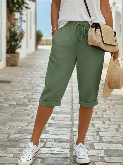 Effortless Linen Capri Pants for Women with High Waist Drawstring Rolled Cuff Relaxed Casual Style