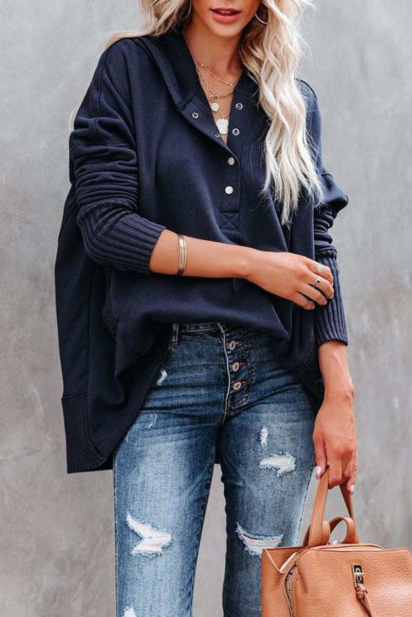 Comfortable Snap Button Hoodie for Women with Hooded Long Sleeve Ribbed Cuff Oversized Style