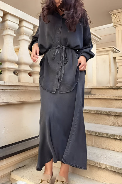 Effortless Satin Two Piece Set for Women with Button Front Drawstring Waist Maxi Skirt Relaxed Style