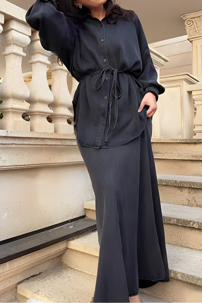 Effortless Satin Two Piece Set for Women with Button Front Drawstring Waist Maxi Skirt Relaxed Style