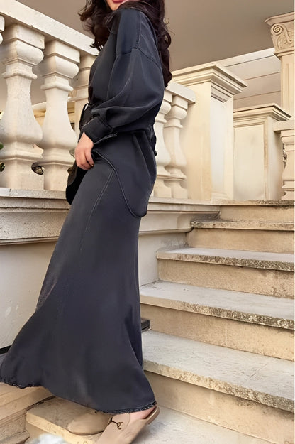 Effortless Satin Two Piece Set for Women with Button Front Drawstring Waist Maxi Skirt Relaxed Style