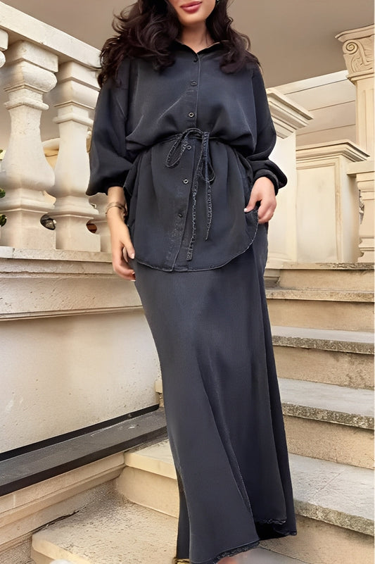 Effortless Satin Two Piece Set for Women with Button Front Drawstring Waist Maxi Skirt Relaxed Style