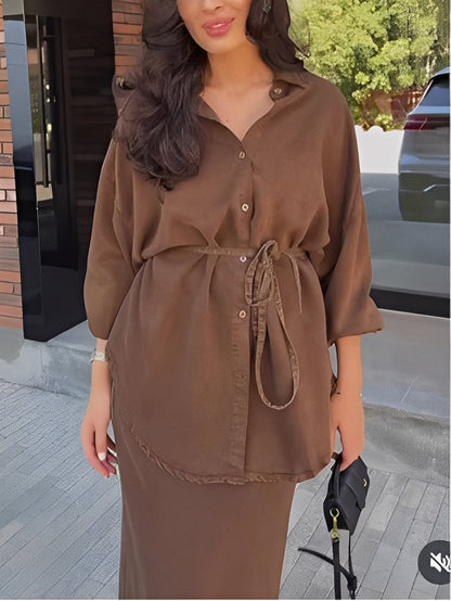 Effortless Satin Two Piece Set for Women with Button Front Drawstring Waist Maxi Skirt Relaxed Style