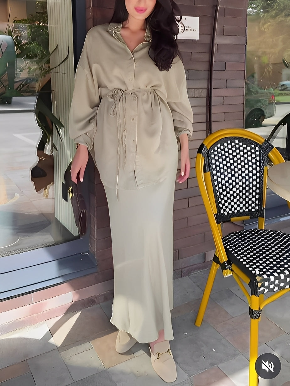 Effortless Satin Two Piece Set for Women with Button Front Drawstring Waist Maxi Skirt Relaxed Style