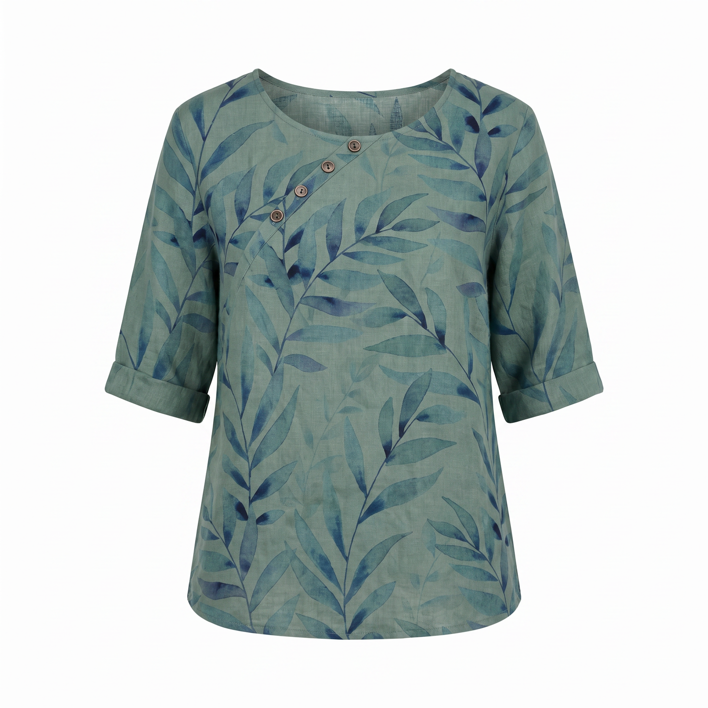 Effortless Botanical Print Linen Blouse for Women with Round Neck Elbow Sleeve Button Placket Relaxed Style