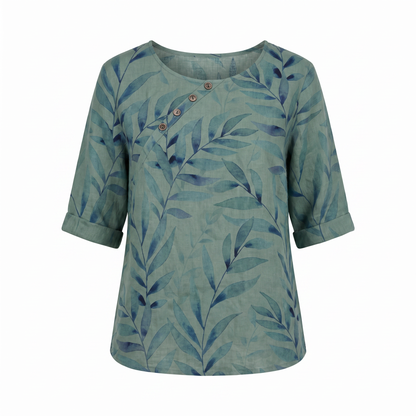 Effortless Botanical Print Linen Blouse for Women with Round Neck Elbow Sleeve Button Placket Relaxed Style