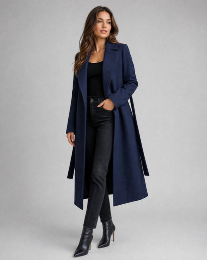 Elegant Navy Wool Coat for Women with Notch Lapel Long Sleeve Belted Wrap Style