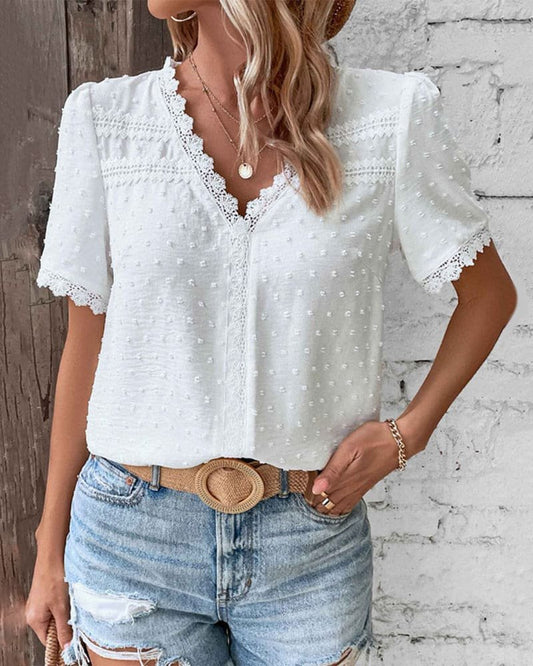 Effortless Swiss Dot Blouse for Women with V Neck Short Sleeve Lace Trim Casual Style