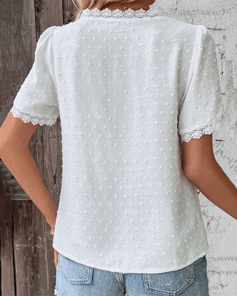 Effortless Swiss Dot Blouse for Women with V Neck Short Sleeve Lace Trim Casual Style
