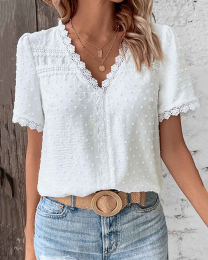 Effortless Swiss Dot Blouse for Women with V Neck Short Sleeve Lace Trim Casual Style