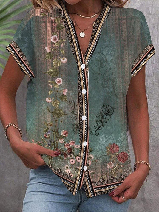 Elegant Green Floral Blouse for Women with V Neck Short Sleeve Button Front Bohemian Style