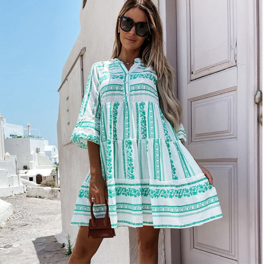 Effortless Tiered Print Mini Dress for Women with V Neck Bell Sleeve Button Front Boho Style