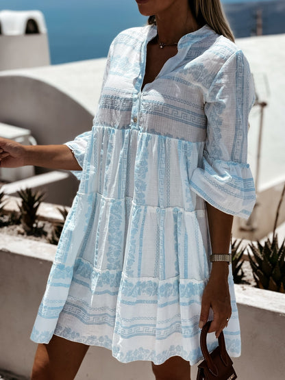 Effortless Tiered Print Mini Dress for Women with V Neck Bell Sleeve Button Front Boho Style