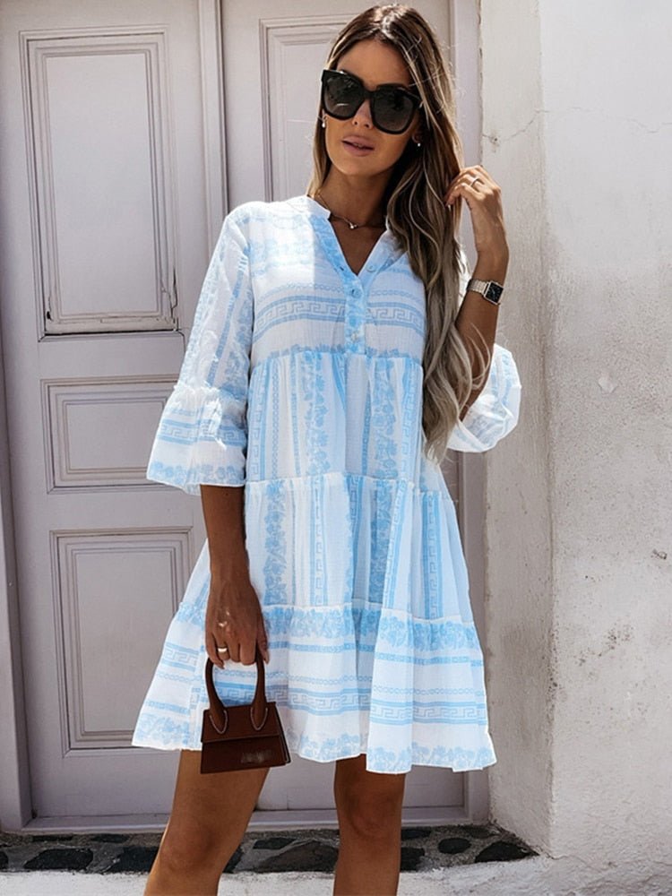 Effortless Tiered Print Mini Dress for Women with V Neck Bell Sleeve Button Front Boho Style