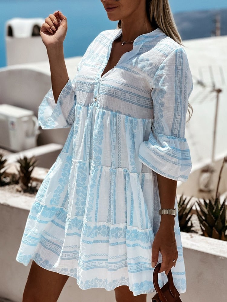 Effortless Tiered Print Mini Dress for Women with V Neck Bell Sleeve Button Front Boho Style