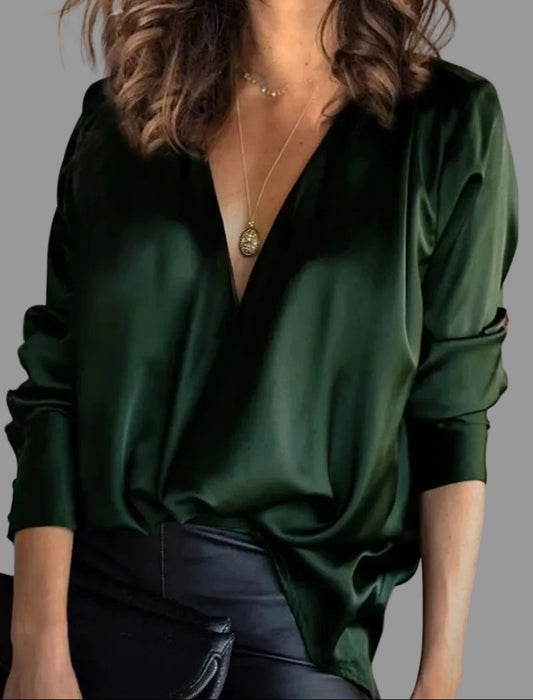 Elegant Satin Blouse for Women with V Neck Long Sleeve Draped Wrap Relaxed Style