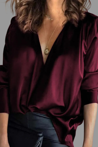Elegant Satin Blouse for Women with V Neck Long Sleeve Draped Wrap Relaxed Style
