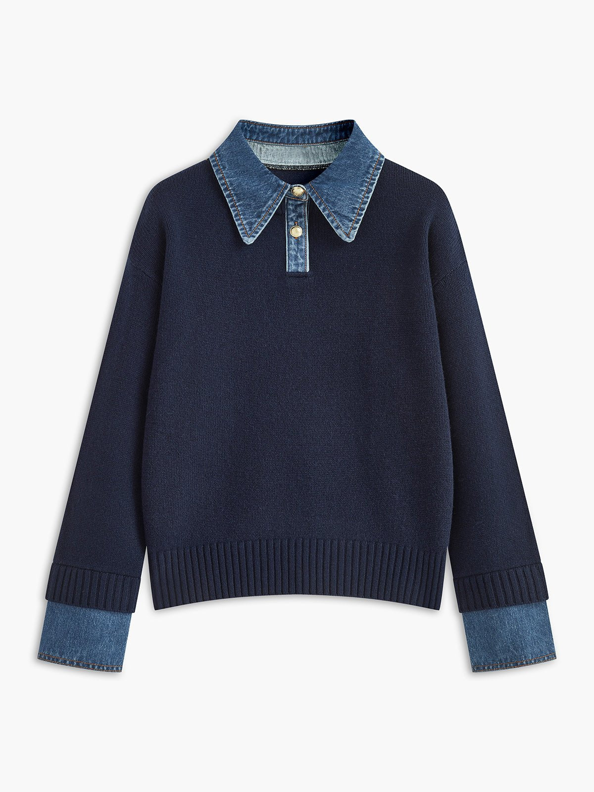 Effortless Denim Trim Polo Sweater for Women with Collar Long Sleeve Ribbed Cuff Oversized Knit Style