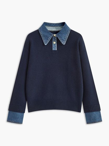 Effortless Denim Trim Polo Sweater for Women with Collar Long Sleeve Ribbed Cuff Oversized Knit Style