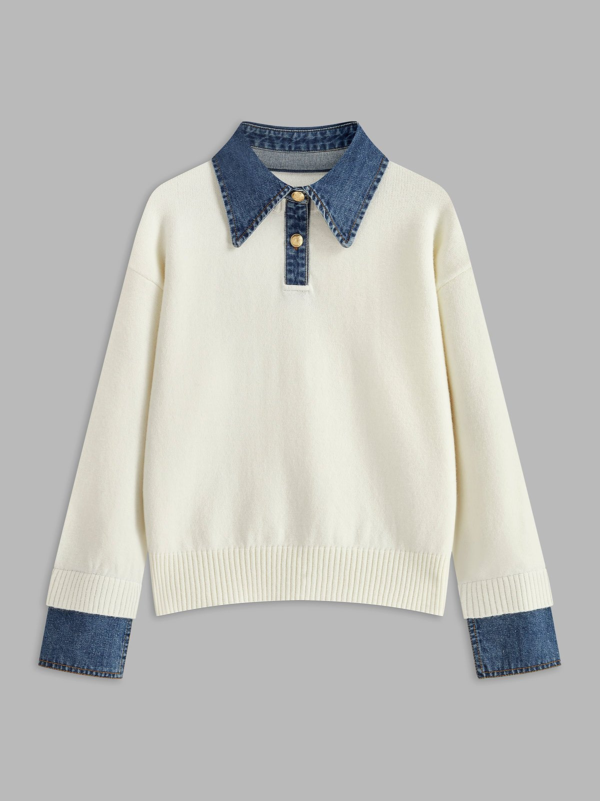 Effortless Denim Trim Polo Sweater for Women with Collar Long Sleeve Ribbed Cuff Oversized Knit Style